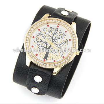 2014 Teenage New Fashion Wide Strap With Lucky Tree Leisure Leather Bracelet Watch For Women